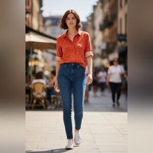 Sonoma Casual Orange Checkered Women's Blouse Size Medium